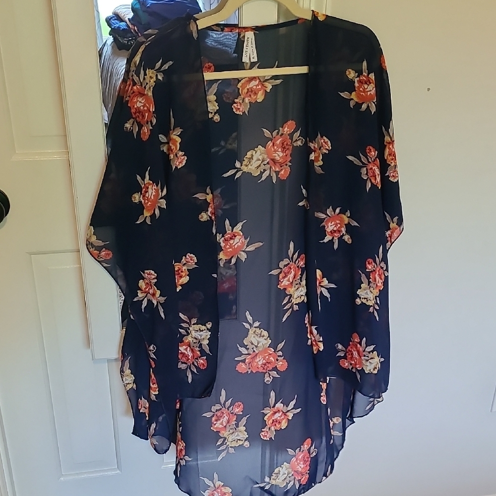 Navy Sheer Kimono with Floral Design